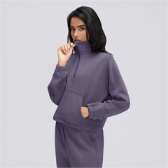 AYM044271 Short Zip-Up Mock Neck Hoodie with Pockets Aoyema wholesale